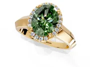 Halo Engagement Ring Setting for Fancy Green Oval Center with Knife Ridge Cathedral Band and Prong Head in Yellow Gold