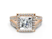Halo Engagement Ring Setting for Princess Cut Center with Narrow Pave Split Shank and Prong Head in Rose Gold