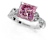 Leaf Motif Engagement Ring Setting for Fancy Pink Princess Cut Center with Pave Band and Prong Head in White Gold