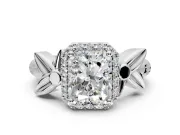 Halo Engagement Ring Setting for Radiant Cut Center with Floral Band and Prong Head in White Gold