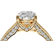 Solitaire Engagement Ring Setting for Cushion Cut Center with Milgrain-Framed Pave Band and Prong Head in Yellow Gold