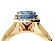 Halo Engagement Ring Setting for Fancy Blue Princess Cut Center with Knife Ridge Cathedral Band and Prong Head in Yellow Gold