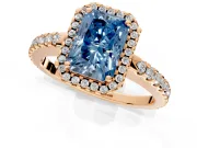 Accent Halo Engagement Ring Setting for Fancy Blue Radiant Cut Center with Full-Length Pave Band and Prong Head in Rose Gold