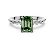 Solitaire Engagement Ring Setting for Fancy Green Emerald Cut Center with Bezel-Dot Beaded Band and Prong Head in Sterling Silver