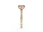 Hidden Halo Engagement Ring Setting for Fancy Pink Radiant Cut Center with Pave Band and Prong Head in Yellow Gold
