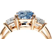 3 Stone Engagement Ring Setting for Fancy Blue Cushion Cut Center with Matching Side Accents and Prong Head in Rose Gold