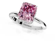 Hidden Halo Engagement Ring Setting for Fancy Pink Radiant Cut Center with Plain Rounded Band and Prong Head in Platinum