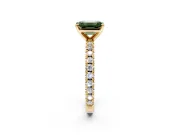 Solitaire Engagement Ring Setting for Fancy Green Emerald Cut Center with Fine Pave Band and Claw Prong Head in Yellow Gold