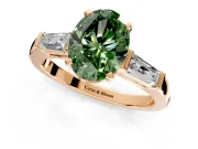 3 Stone Engagement Ring Setting for Fancy Green Oval Center with Tapered Baguettes, Plain Band and Prong Head in Rose Gold