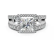 Halo Engagement Ring Setting for Princess Cut Center with Wide-Open Pave Split Shank and Prong Head in Platinum