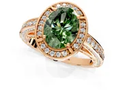 Halo Engagement Ring Setting for Fancy Green Oval Center with Framed Halo, Pave Band and Prong Head in Rose Gold