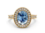 Halo Engagement Ring Setting for Fancy Blue Oval Center with Milgrain Pave Band and Bezel Head in Yellow Gold