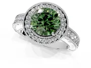Milgrain Halo Engagement Ring Setting for Fancy Green Round Cut Center with Pave Band and Prong Head in White Gold