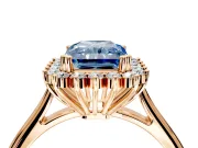 Starburst Halo Engagement Ring Setting for Fancy Blue Radiant Cut Center with Thin Round-Wire Band and Prong Head in Rose Gold