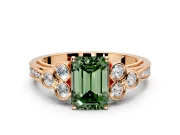 Cluster Engagement Ring Setting for Fancy Green Emerald Cut Center with Bezel Accent Clusters and Prong Head in Rose Gold