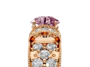 Pave Engagement Ring Setting for Fancy Pink Round Cut Center with Curved Accent Rows, Openwork and Prong Head in Rose Gold