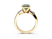 3 Stone Engagement Ring Setting for Fancy Green Princess Cut Center with Channel Baguette Accents and Prong Head in Yellow Gold