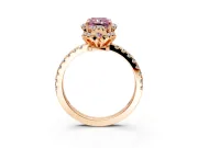 Halo Engagement Ring Setting for Fancy Pink Radiant Cut Center with Openwork Halo, Pave Band and Prong Head in Rose Gold