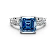 Solitaire Engagement Ring Setting for Fancy Blue Asscher Cut Center with Milgrain-Framed Pave Band and Prong Head in Sterling Silver
