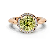 Halo Engagement Ring Setting for Fancy Yellow Round Cut Center with Tapered Plain Band and Prong Head in Rose Gold