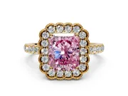Milgrain Floral Halo Engagement Ring Setting for Fancy Pink Radiant Cut Center with Pave Band and Prong Head in Yellow Gold