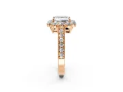 Halo Engagement Ring Setting for Princess Cut Center with Milgrain Channel Band and Prong Head in Rose Gold