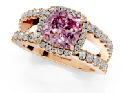 Halo Engagement Ring Setting for Fancy Pink Cushion Cut Center with Wide-Open Pave Split Shank and Prong Head in Rose Gold
