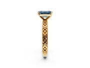 Solitaire Engagement Ring Setting for Fancy Blue Emerald Cut Center with Milgrain X Pattern Band and Prong Head in Yellow Gold