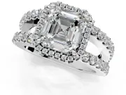 Halo Engagement Ring Setting for Asscher Cut Center with Wide-Open Pave Split Shank and Prong Head in White Gold