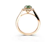 Halo Engagement Ring Setting for Fancy Green Oval Center with Narrowing Pave Band and Prong Head in Rose Gold
