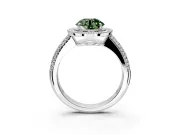 Milgrain Halo Engagement Ring Setting for Fancy Green Round Cut Center with Three-Sided Pave Band and Prong Head in White Gold