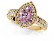 Milgrain Halo Engagement Ring Setting for Fancy Pink Pear-Shaped Center with Wide Pave Band and Prong Head in Yellow Gold