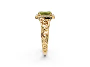 Halo Engagement Ring Setting for Fancy Yellow Emerald Cut Center with Open Scroll Shoulders and Prong Head in Yellow Gold