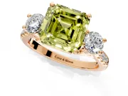 3 Stone Engagement Ring Setting for Fancy Yellow Asscher Cut Center with Crossover Basket, Pave Band and Prong Head in Rose Gold