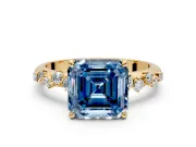 Cluster Engagement Ring Setting for Fancy Blue Asscher Cut Center with Round Cut Accent Band and Prong Head in Yellow Gold