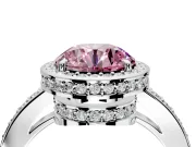 Halo Engagement Ring Setting for Fancy Pink Round Cut Center with Metal-Rimmed Halo, Pave Band and Prong Head in Platinum