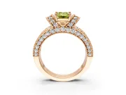 Pave Engagement Ring Setting for Fancy Yellow Emerald Cut Center with Curved Accent Rows, Openwork and Prong Head in Rose Gold