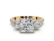 3 Stone Engagement Ring Setting for Princess Cut Center with Crossover Basket, Pave Band and Prong Head in Yellow Gold