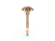 Halo Engagement Ring Setting for Fancy Pink Round Cut Center with Milgrain Frame, Pave Band and Prong Head in Rose Gold