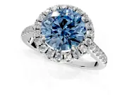 Halo Engagement Ring Setting for Fancy Blue Round Cut Center with Raised Halo, Pave Band and Prong Head in Platinum