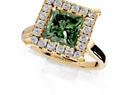 Single Halo Engagement Ring Setting for Fancy Green Princess Cut Center with Corner Claws, Plain Band and Prong Head in Yellow Gold
