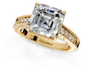 Engraved Engagement Ring Setting for Asscher Cut Center with Milgrain Pave Band and Prong Head in Yellow Gold