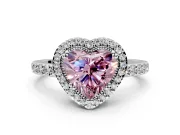 Halo Engagement Ring Setting for Fancy Pink Heart-Shaped Center with Inner Milgrain Border and Prong Head in Sterling Silver