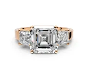 3 Stone Engagement Ring Setting for Asscher Cut Center with Matching Side Accents and Prong Head in Rose Gold