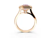 Halo Engagement Ring Setting for Fancy Pink Princess Cut Center with Milgrain Frame, Pave Band and Prong Head in Rose Gold