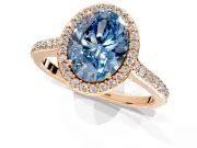 Halo Engagement Ring Setting for Fancy Blue Oval Center with Pave Accents, Heart Basket and Prong Head in Rose Gold