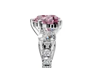 3 Stone Engagement Ring Setting for Fancy Pink Heart-Shaped Center with Crossover Basket, Pave Band and Prong Head in Sterling Silver