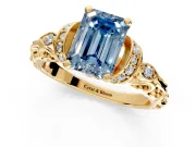Solitaire Engagement Ring Setting for Fancy Blue Emerald Cut Center with Filigree Band and Prong Head in Yellow Gold
