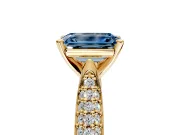 Solitaire Engagement Ring Setting for Fancy Blue Emerald Cut Center with Multi-Row Accents and Prong Head in Yellow Gold