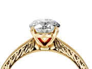 Solitaire Engagement Ring Setting for Oval Center with Engraved Milgrain Band and Prong Head in Yellow Gold
